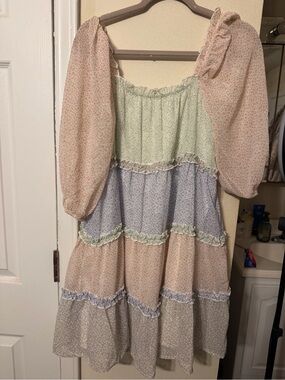 Storia Pastel Patchwork Tiered Sundress in Green, Blue, Pink, Cream